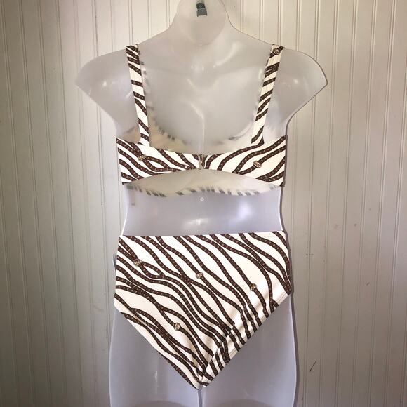 MICHAEL KORS Retail $142 Bone Logo Print Ring High Waist 2 Piece Bikini Size L - Picture 3 of 4